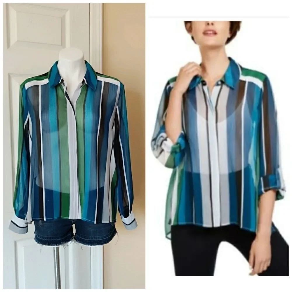 INC sheer striped button up blouse sz M
